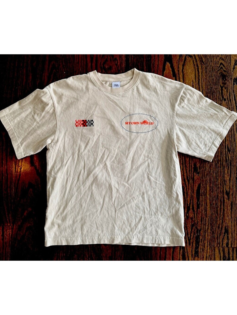 Zara Men’s S My Own World Graphic T Shirt Y2K Racing Checkered Flame Portugal